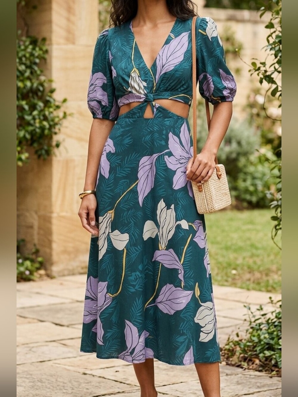 Sofía Vergara Dress Teal Floral Puff Sleeve Cutout Midi Size XS (0-2) Wedding